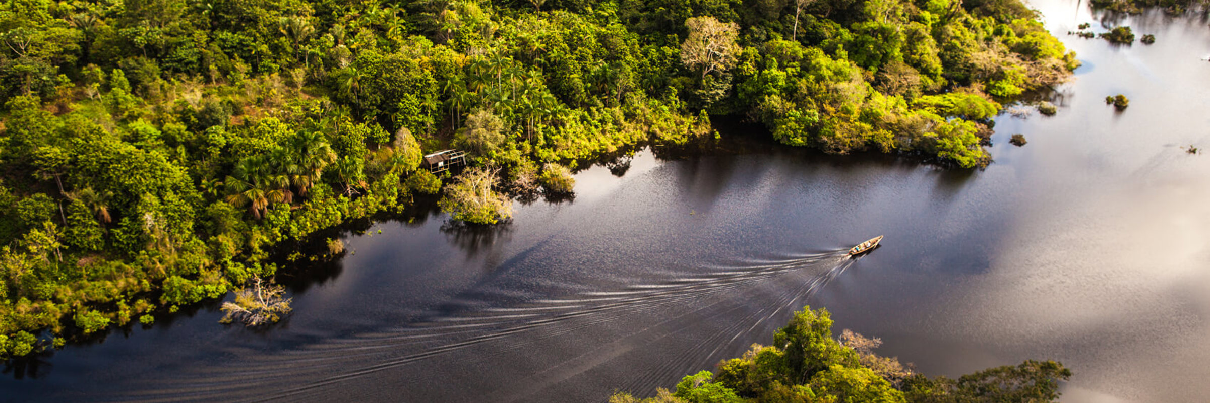 South America - Brazil, Aerial view of a boat cruising through the Amazon surrounded by lush rainforest.  