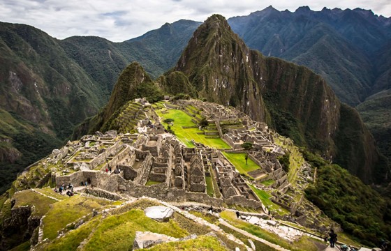 Panoramic view of Machu Picchu Inca ruins in the Andes Mountains, Peru's top historic site.