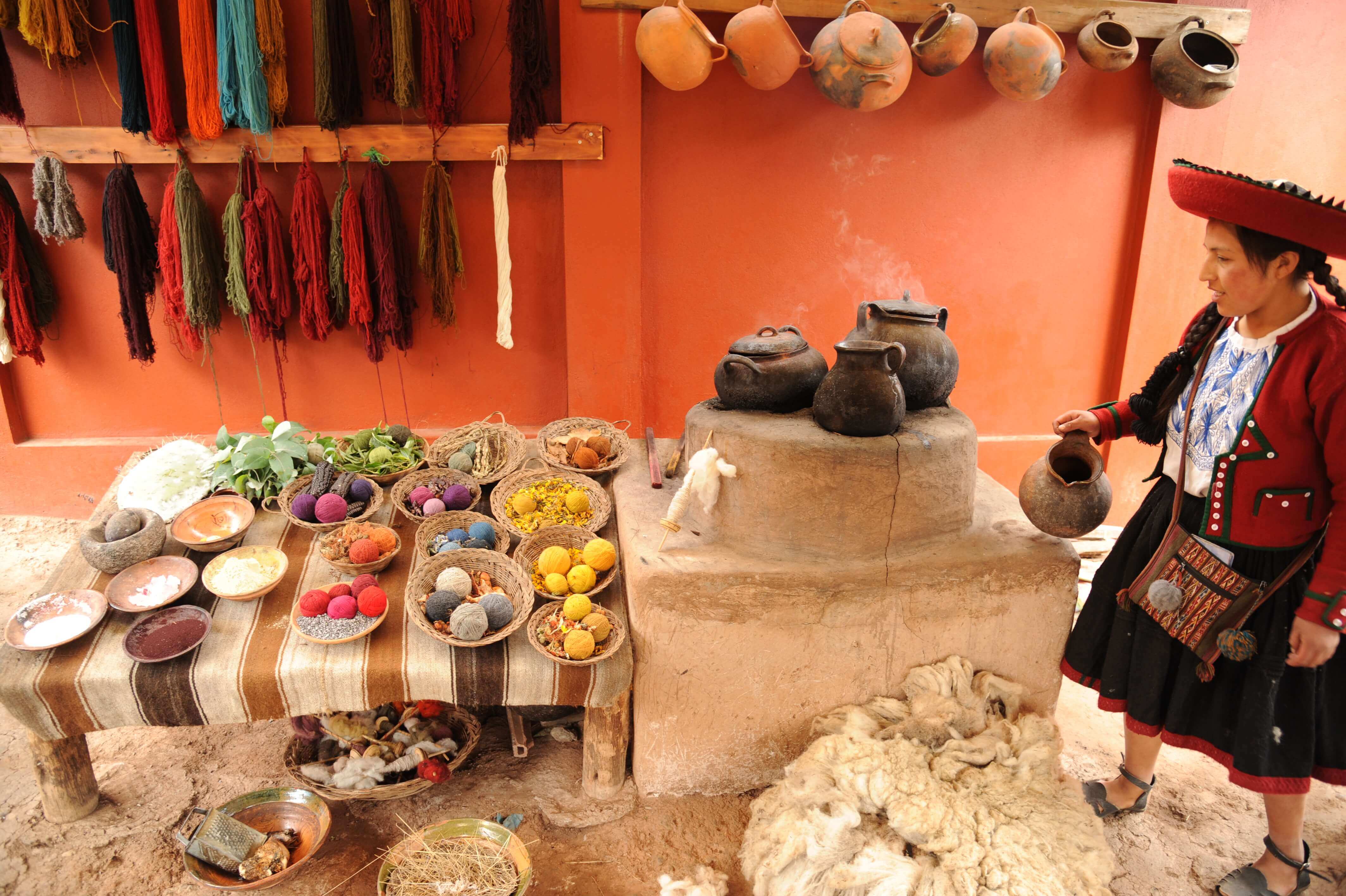 Traditional Andean weaving with natural dyes in the Sacred Valley, Peru. 