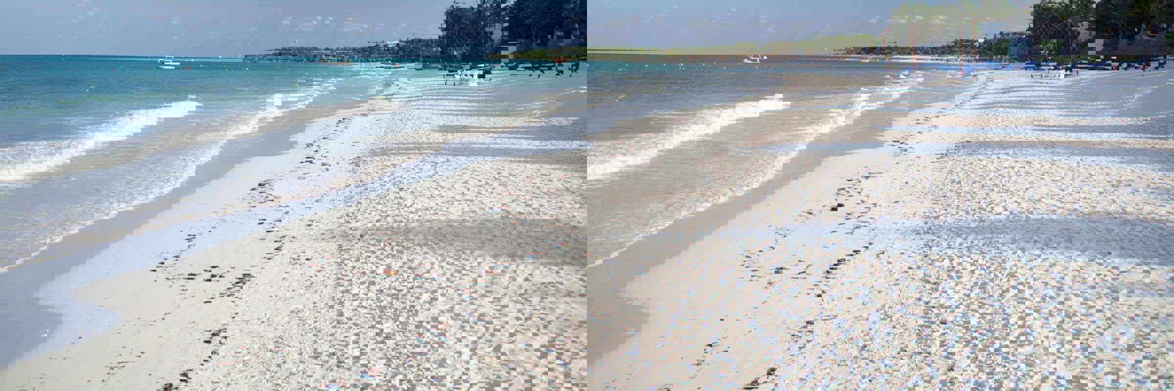 Beautiful white sand beach along the Yucatan coast in Mexico, with turquoise waters and tropical palm trees. 